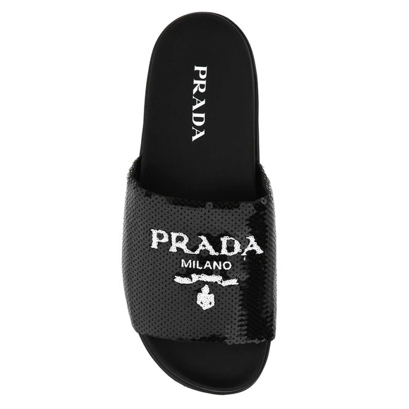 Prada Black Sequin White Logo Slide Sandal Slip On Pool Flip Flop Flat 38.5 - Picture 3 of 11
